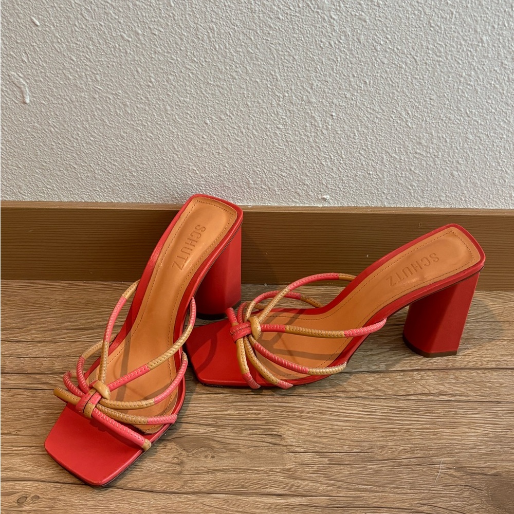 SCHUTZ Red and Tan Strappy Heels